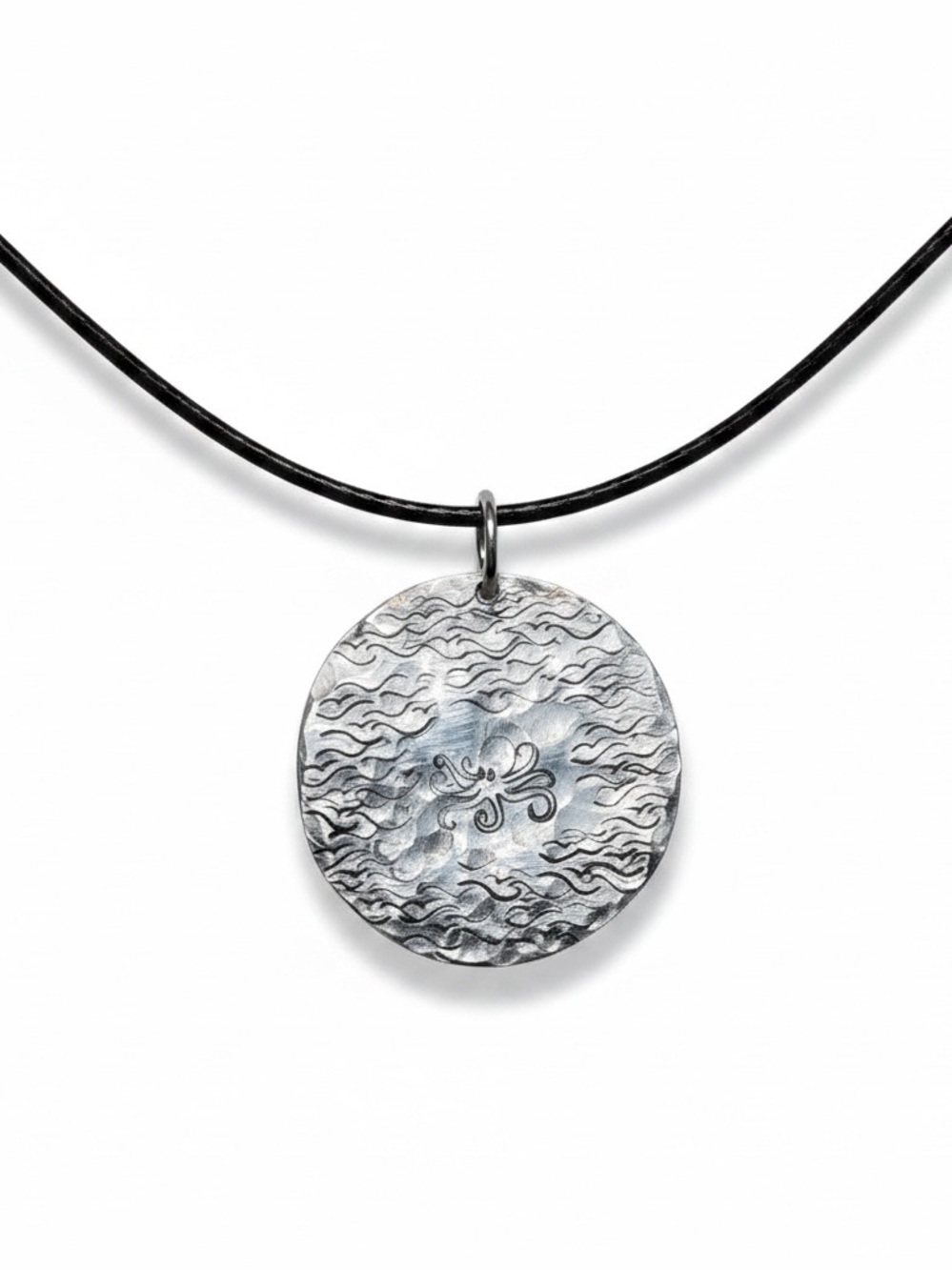 Handmade stamped octopus & ocean silver pendant Black leather cord necklace‎